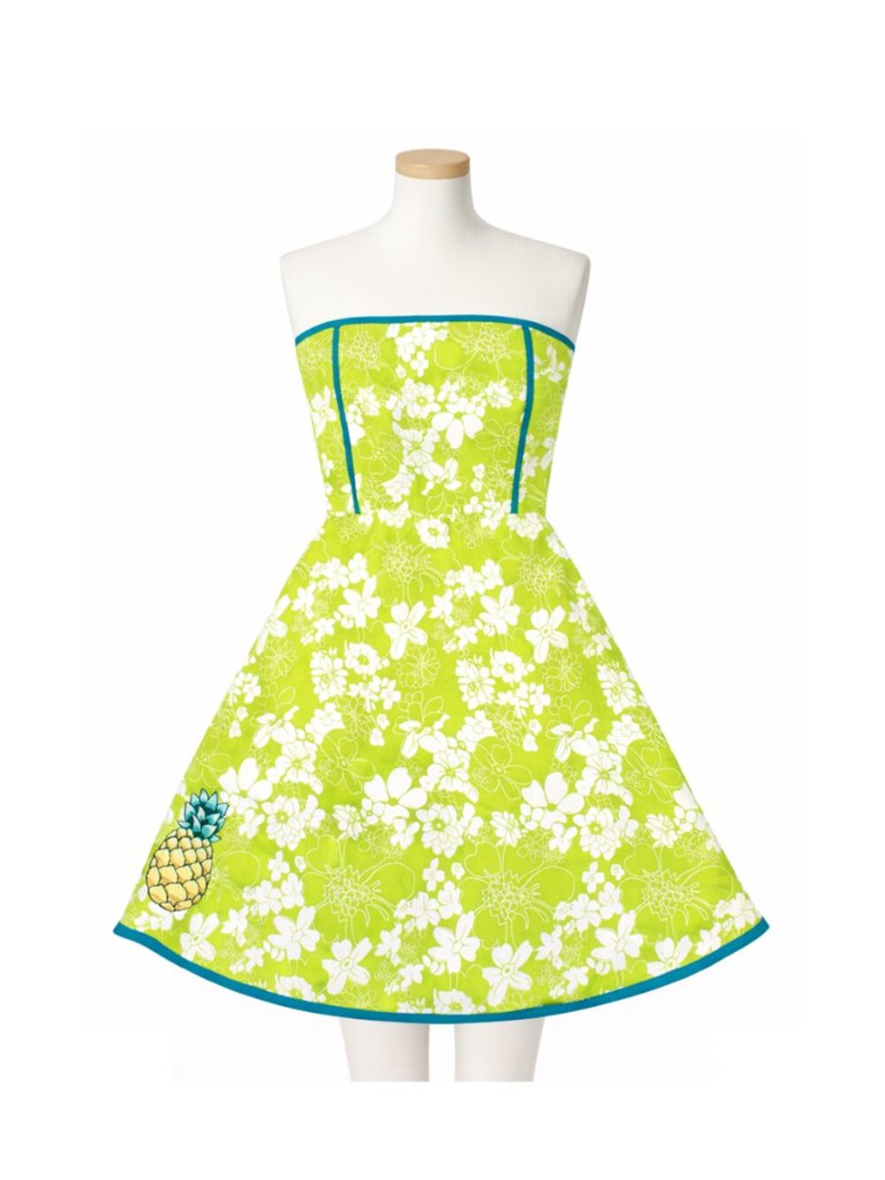 Sourpuss Lime Green Floral Strapless Dress with Teal Trim